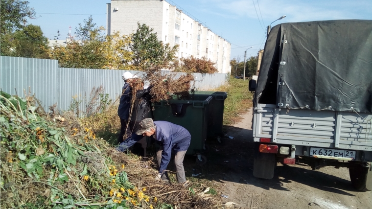 Рабочие по благоустройству расчистили территорию возле мусорных контейнеров по ул. Ж. Илюкина