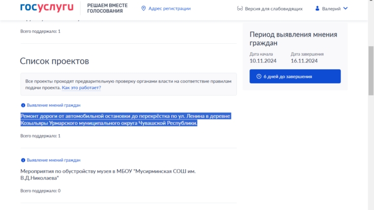 С 10 ноября по 16 ноября 2024 года на портале Госуслуг в разделе «Инициативные проекты» проходит голосование