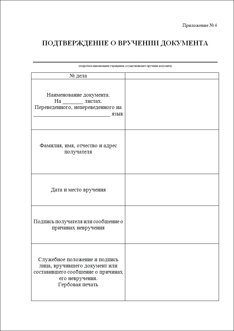 Отметка о вручении документов образец