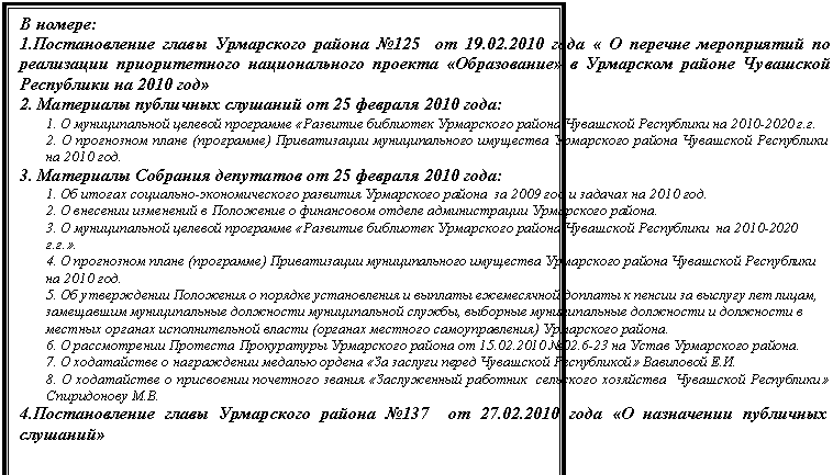 :  :
1.    125   19.02.2010                  2010 
2.     25  2010 :
1.            2010-2020 ..
2.    ()       -  2010 .
3.     25  2010 :
1.   -      2009     2010 .
2.           .
3.             2010-2020 ...
4.    ()       -  2010 .
5.                -,     ,     -      (  )  .
6.        15.02.2010 02.6-23    .
7.             ..
8.              -  ..
4.    137   27.02.2010     -

