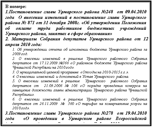 :  :
1.    248   09.04.2010            871  31  2008.          - ,    
2.       12 - 2010 :
1.          2009 .
2.         -  17.12.2009 366      -   2010 .
3.        2010-2015 ...
4.            .
5.           -   21.09.2006  106             -.
6.         -  26.11.2009    360       2010 .
3.    278   19.04.2010         -     - 2010






6.           26.11.2009    360       2010 .








